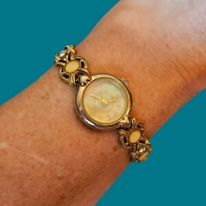 VTG CHRISTIAN BENET 1990s Mother of Pearl Baroque Yellow Cabochon Watch